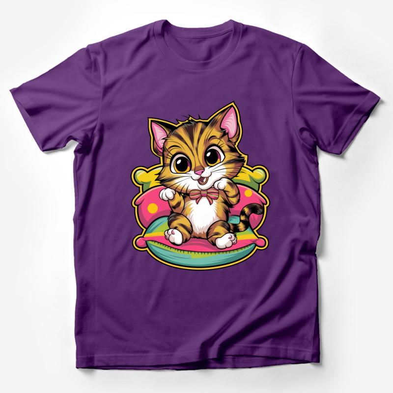 Cute Cartoon Cat T-Shirt, Whimsical Kitten Sitting on Cushion, Unisex Graphic Tee, Perfect Gift for Cat Lovers of All Ages Male T-Shirt