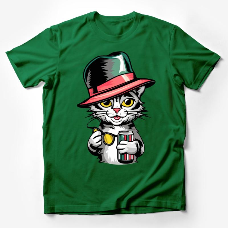 Cool Cat with Hat and Sunglasses T-Shirt, Funny Feline Graphic Tee, Casual Streetwear Style Shirt Male T-Shirt