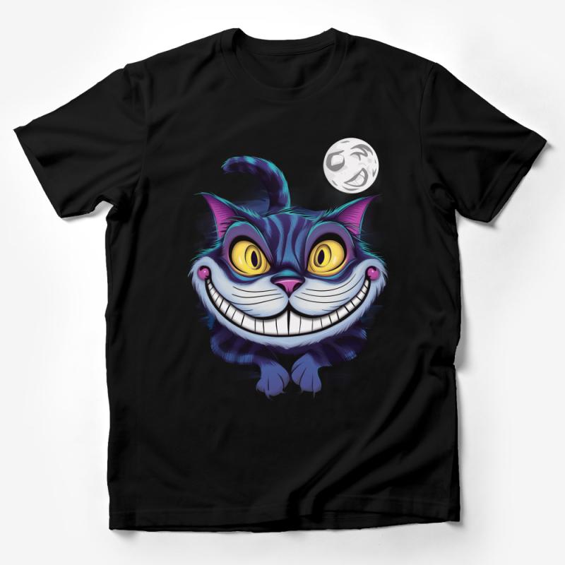 Whimsical Cat T-Shirt, Purple Grinning Fantasy Cat, Unisex Casual Wear, Unique Graphic Tee, Perfect Gift for Cat Lovers, All Sizes Male T-Shirt