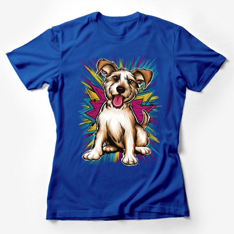 Colorful Pop Art Dog T-Shirt, Fun Cartoon Puppy Tee, Vibrant Animal Graphic, Unisex Cotton Shirt for Pet Lovers Female T-Shirt