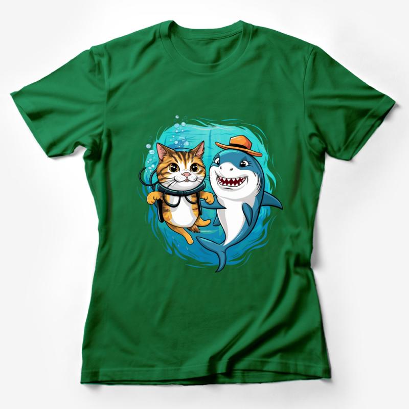 Cute Cat and Shark Cartoon T-Shirt, Funny Ocean Friends Graphic Tee, Unisex Casual Shirt for Pet Lovers Female T-Shirt