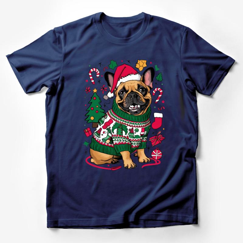 Festive French Bulldog Christmas T-Shirt, Cute Dog in Holiday Sweater, Unisex Gift for Pet Lovers, Xmas Tee, Seasonal Apparel Male T-Shirt