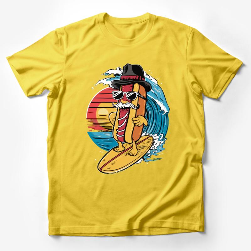 Surfing Hot Dog in Hat and Sunglasses Retro Beach T-Shirt Male T-Shirt