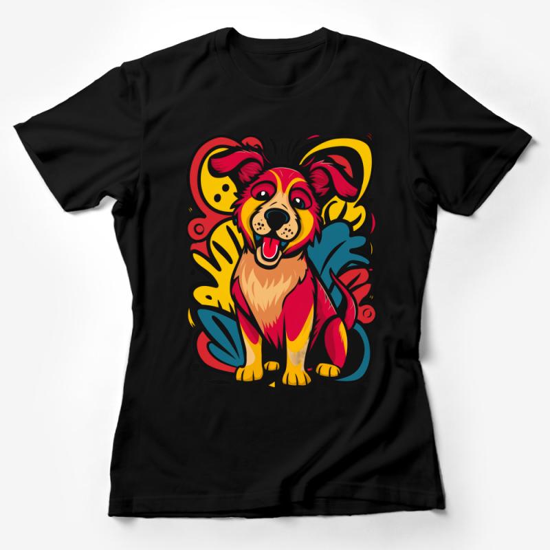 Colorful Pop Art Dog T-Shirt, Vibrant Animal Graphic Tee, Fun Cartoon Pet Lovers Shirt, Unisex Casual Wear Female T-Shirt