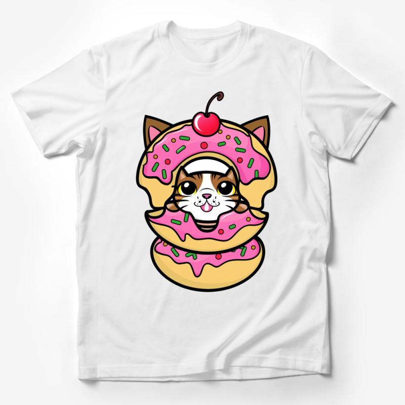 Cute Cat Donut T-Shirt, Kawaii Kitty Dessert Tee, Unisex Cartoon Graphic Shirt, Casual Comfortable Cotton Top with Cherry Male T-Shirt