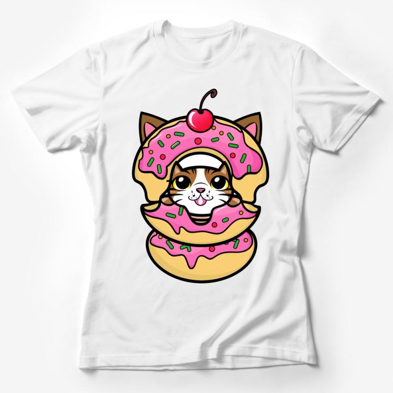 Cute Cat Donut T-Shirt, Kawaii Kitty Dessert Tee, Unisex Cartoon Graphic Shirt, Casual Comfortable Cotton Top with Cherry Female T-Shirt