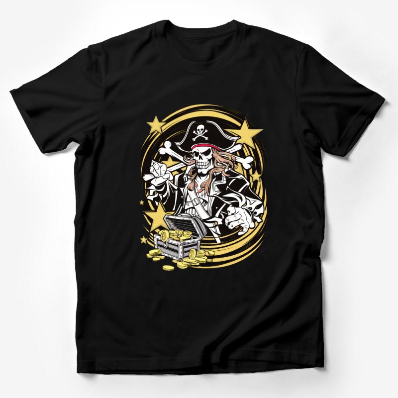 Pirate Skull Graphic Tee, Gold Treasure Cartoon, Nautical Adventure T-Shirt, Unisex Cotton Shirt, Hipster Cool Fashion, Gift for Pirate Fans Male T-Shirt