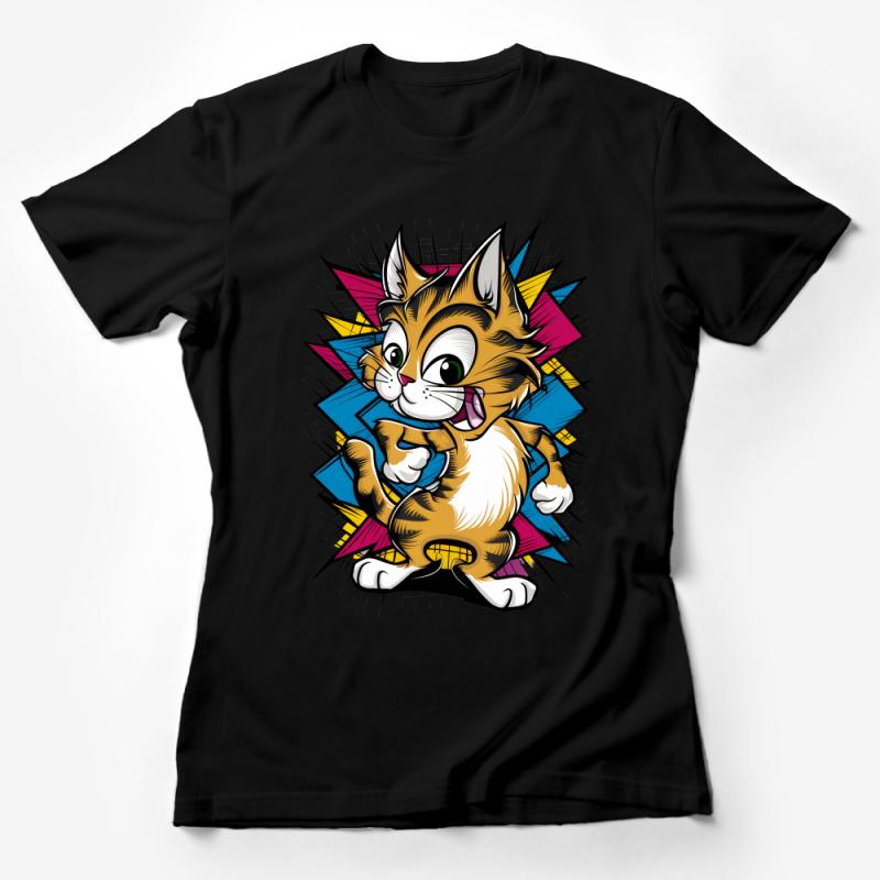 Colorful Cartoon Cat T-Shirt, Whimsical Kitty Graphic Tee, Unisex Fun Cat Lover Shirt, Trendy Animal Apparel for All Ages Female T-Shirt