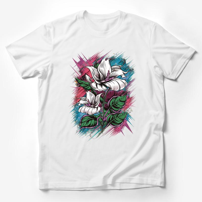 Abstract Floral Art T-Shirt, Colorful Splatter with White Lilies, Unisex Graphic Tee, Casual Streetwear Fashion, Flower Illustration Male T-Shirt