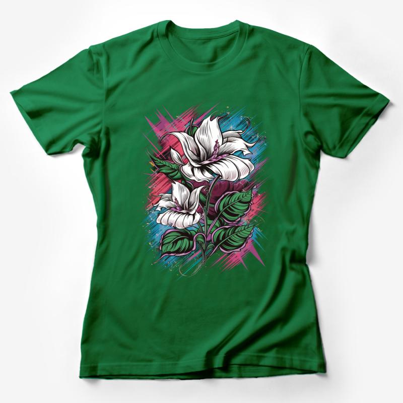 Abstract Floral Art T-Shirt, Colorful Splatter with White Lilies, Unisex Graphic Tee, Casual Streetwear Fashion, Flower Illustration Female T-Shirt