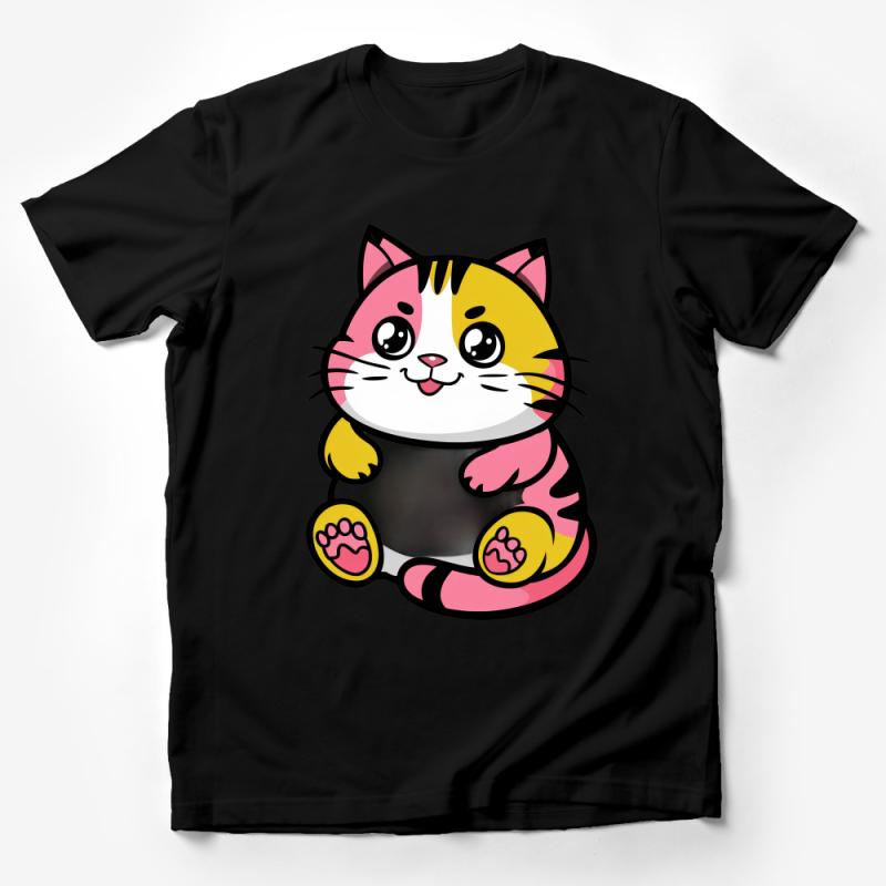 Cute Cartoon Cat T-Shirt, Adorable Kitten Tee, Pink Tabby Cat Lover Gift, Casual Animal Graphic Top, Unisex Cotton Shirt Male T-Shirt