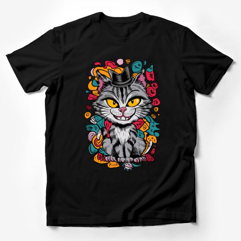 Whimsical Cat with Top Hat T-Shirt, Colorful Feline Art Tee, Unique Animal Illustration Shirt, Unisex Adult Clothing Male T-Shirt