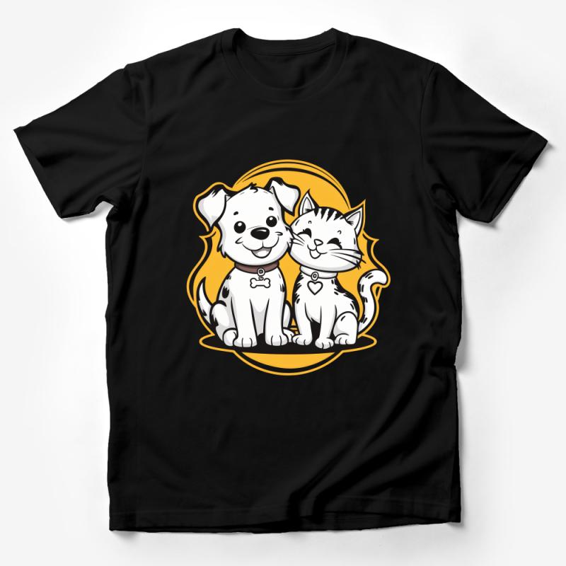 Cute Dog and Cat Friends T-Shirt, Animal Lovers Tee, Unisex Pet Illustration Shirt Male T-Shirt