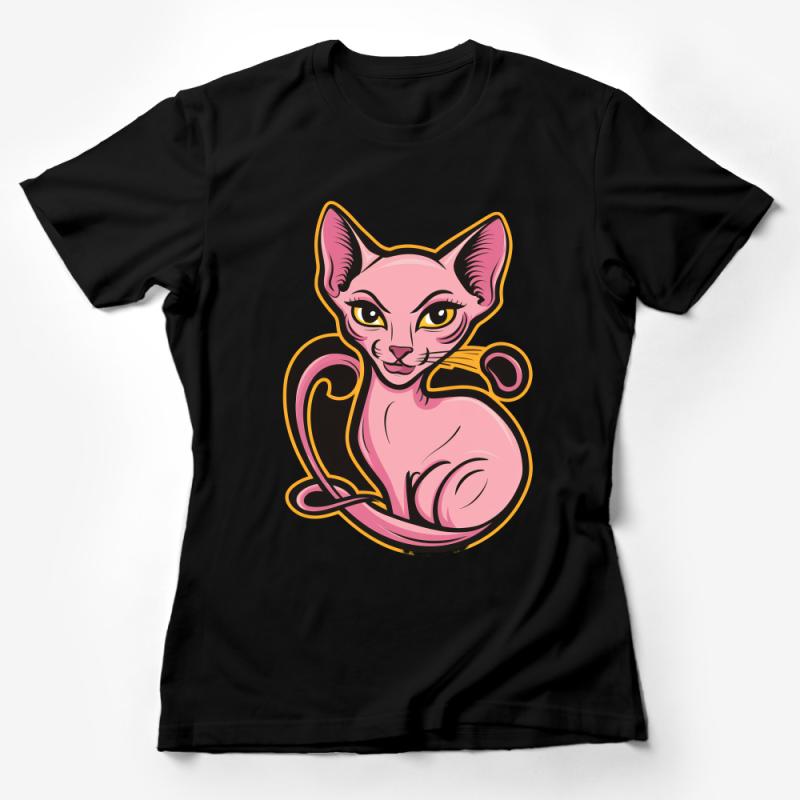 Pink Sphynx Cat T-Shirt, Cute Cartoon Hairless Cat Tee, Animal Lover Gift, Unisex Adult Clothing, Casual Graphic Shirt Female T-Shirt