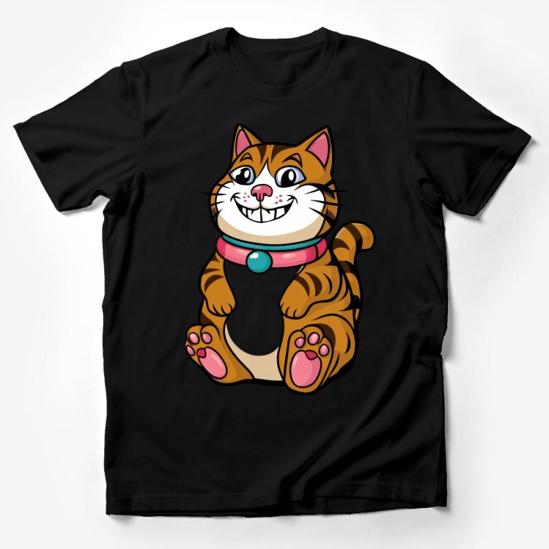 Cute Cartoon Cat T-Shirt, Striped Kitty Graphic Tee, Fun Animal Illustration Shirt, Casual Unisex Apparel Male T-Shirt