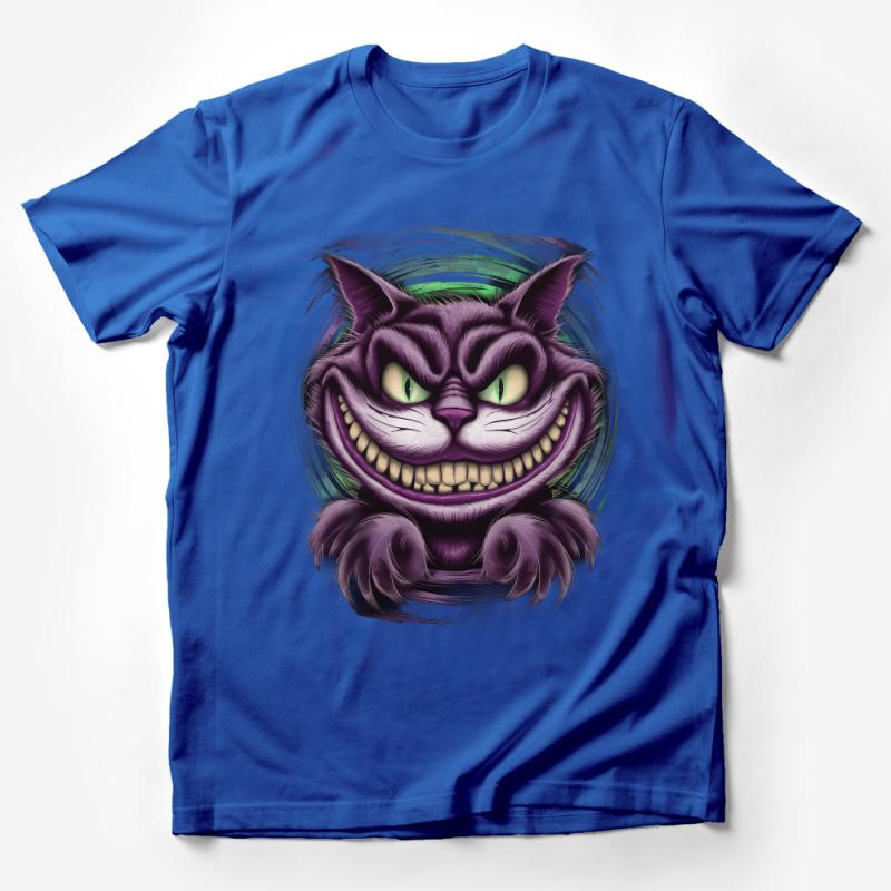 Cheshire Cat Graphic T-Shirt, Alice in Wonderland Inspired, Unisex Tee, Purple Cartoon Cat, Unique Apparel, Gift for Fantasy Lovers Male T-Shirt