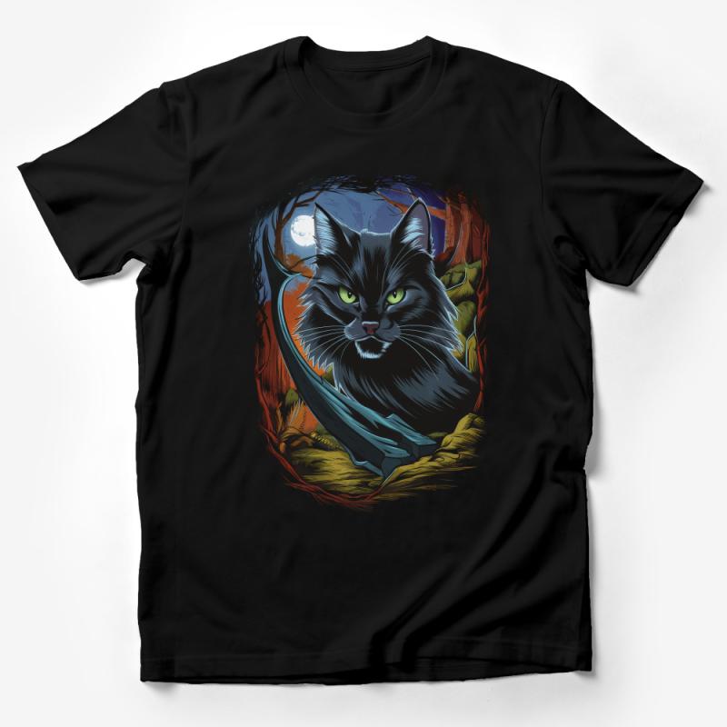 Mystical Black Cat T-Shirt, Moonlit Night Feline Graphic Tee, Unisex Fantasy Cat Lover Shirt, Gift for Pet Owners Male T-Shirt