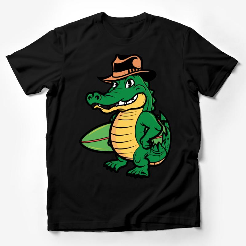 Cartoon Alligator with Hat T-Shirt, Cute Animal Illustration Unisex Tee, Fun Graphic Tee for All Ages, Kids to Adult Sizes Male T-Shirt