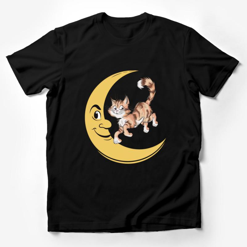 Whimsical Cat and Moon T-Shirt Design, Cute Feline Crescent Moon Illustration Male T-Shirt