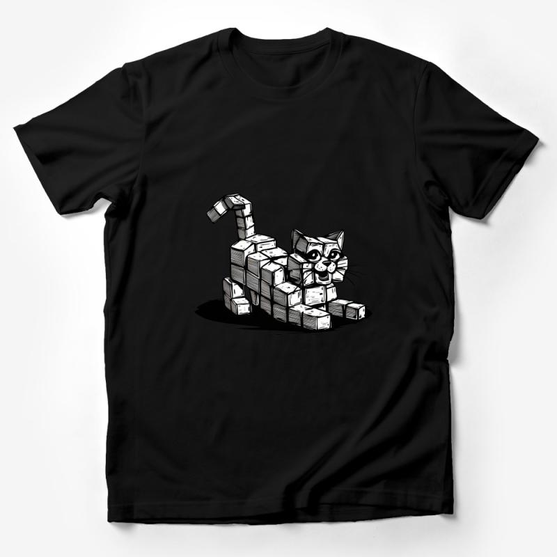 Unique Cat Themed T-Shirt, Quirky Hand-Drawn Feline with Blocks, Unisex Graphic Tee, Cool Cat Lover Gift, Casual Wear Male T-Shirt