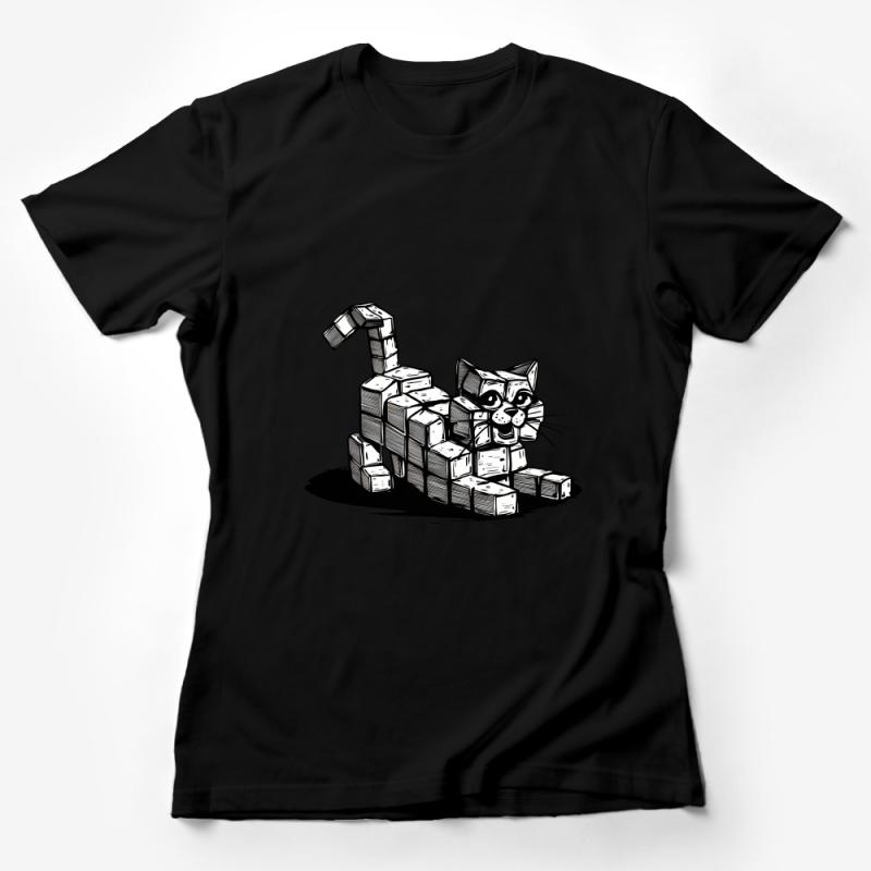 Unique Cat Themed T-Shirt, Quirky Hand-Drawn Feline with Blocks, Unisex Graphic Tee, Cool Cat Lover Gift, Casual Wear Female T-Shirt