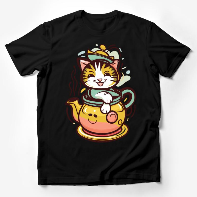 Cute Cat in Teapot Print T-Shirt, Whimsical Kitty Graphic Tee, Fun Animal Illustration, Unisex Shirt for Cat Lovers Male T-Shirt