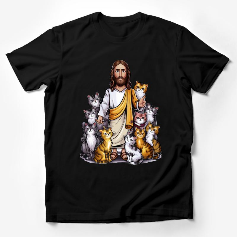 Jesus with Cats T-Shirt, Christian Cat Lover Tee, Religious Art Graphic Shirt, Faithful Pet Owner Unisex Apparel Male T-Shirt