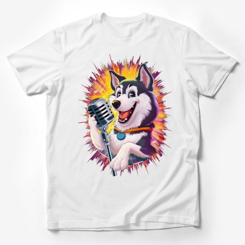 Husky Singer T-Shirt, Colorful Vocal Canine Illustration, Unisex Dog Lover Tee, Vibrant Microphone Husky Graphic Shirt Male T-Shirt