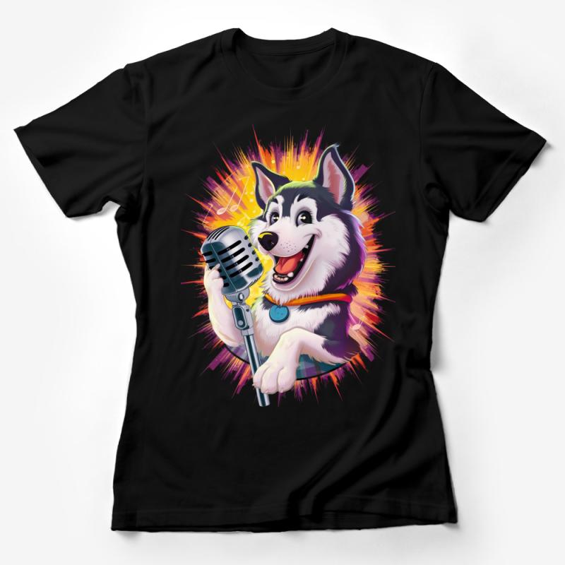 Husky Singer T-Shirt, Colorful Vocal Canine Illustration, Unisex Dog Lover Tee, Vibrant Microphone Husky Graphic Shirt Female T-Shirt