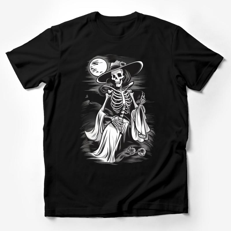 Gothic Skeleton Witch T-Shirt, Spooky Halloween Full Moon Graphic Tee, Unique Dark Fantasy Apparel for All Male T-Shirt