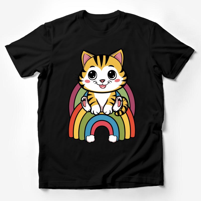 Cute Cat on Rainbow Graphic Tee, Fun Kitten Cartoon T-Shirt, Unisex Casual Wear, Feline Lover Gift Top Male T-Shirt