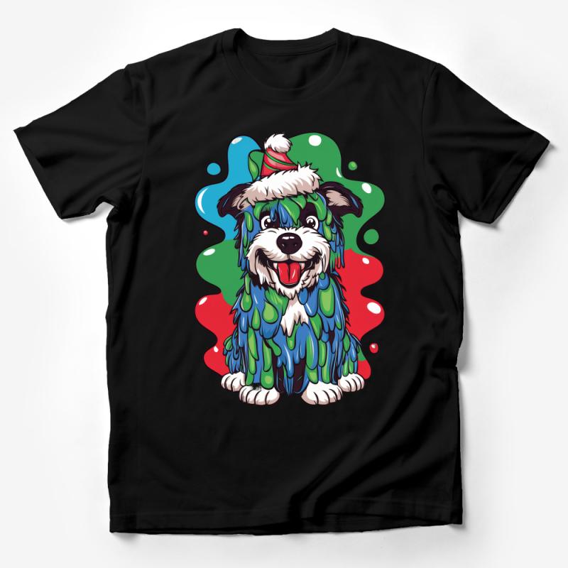 Festive Dog T-Shirt, Christmas Puppy with Santa Hat, Cute Holiday Pet Apparel, Casual Winter Dog Lover Gift, Unisex Graphic Tee Male T-Shirt