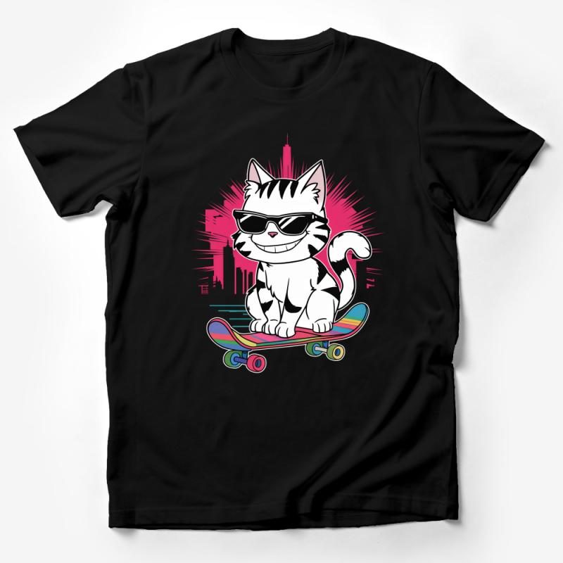 Cool Skateboarding Cat T-Shirt, Urban Skater Kitty Graphic Tee, Hipster Cat with Sunglasses Top, Trendy Cat Lover Gift Idea Male T-Shirt