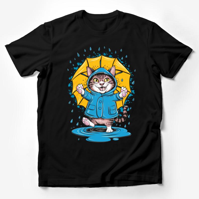 Funny Cat in Raincoat with Umbrella Graphic Tee, Cute Unisex T-Shirt for Cat Lovers, Trendy Pet Illustration Apparel Male T-Shirt