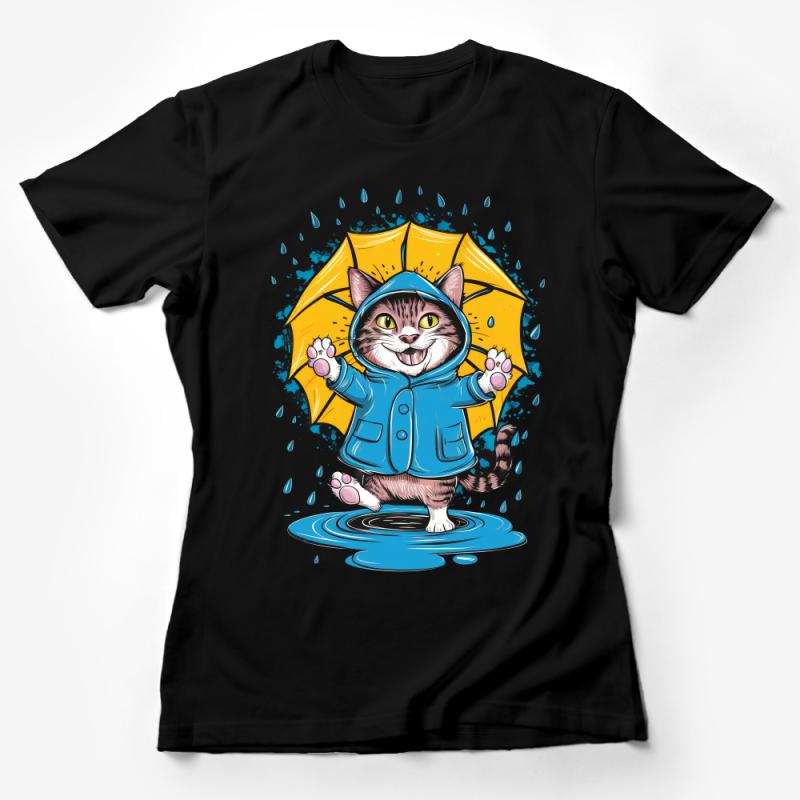 Funny Cat in Raincoat with Umbrella Graphic Tee, Cute Unisex T-Shirt for Cat Lovers, Trendy Pet Illustration Apparel Female T-Shirt