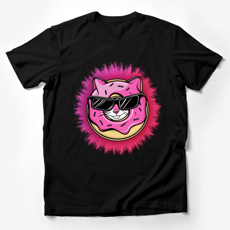 Cool Cat Donut Graphic T-Shirt, Funny Pink Doughnut Cat Tee, Unisex Casual Shirt, Hipster Animal Food Illustration Top Male T-Shirt