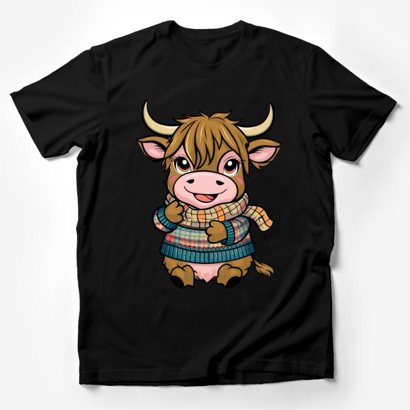 Cute Highland Cow Cartoon T-Shirt, Unisex Kids Animal Graphic Tee, Cozy Winter Fashion, Gift for Children Male T-Shirt