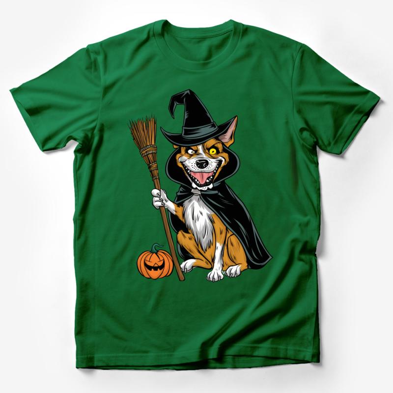 Halloween Dog Witch T-Shirt, Cute Corgi in Wizard Costume Tee, Funny Canine Pumpkin Shirt, Spooky Animal Apparel, Unisex Clothing Gift Male T-Shirt