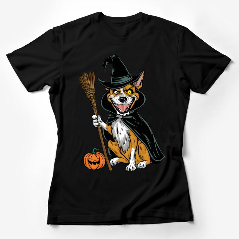 Halloween Dog Witch T-Shirt, Cute Corgi in Wizard Costume Tee, Funny Canine Pumpkin Shirt, Spooky Animal Apparel, Unisex Clothing Gift Female T-Shirt