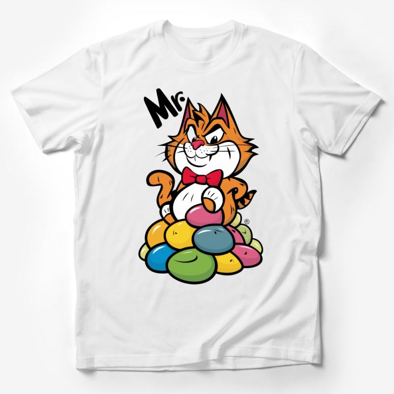 Colorful Cat Cartoon T-Shirt, Fun Cat with Jelly Beans Graphic Tee, Casual Whimsical Feline Top, Unisex Kitty Shirt Male T-Shirt