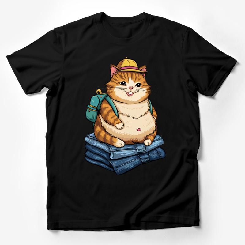 Cute Cat Illustration T-Shirt, Funny Cat in Jeans and Hat, Kitten Lover Gift, Casual Unisex Tee Male T-Shirt