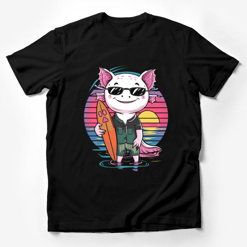 Beach Surfing Pig T-Shirt, Cool Pig with Sunglasses and Surfboard Tee, Casual Summer Vacation Outfit, Sunset Graphic Top, Unisex Male T-Shirt