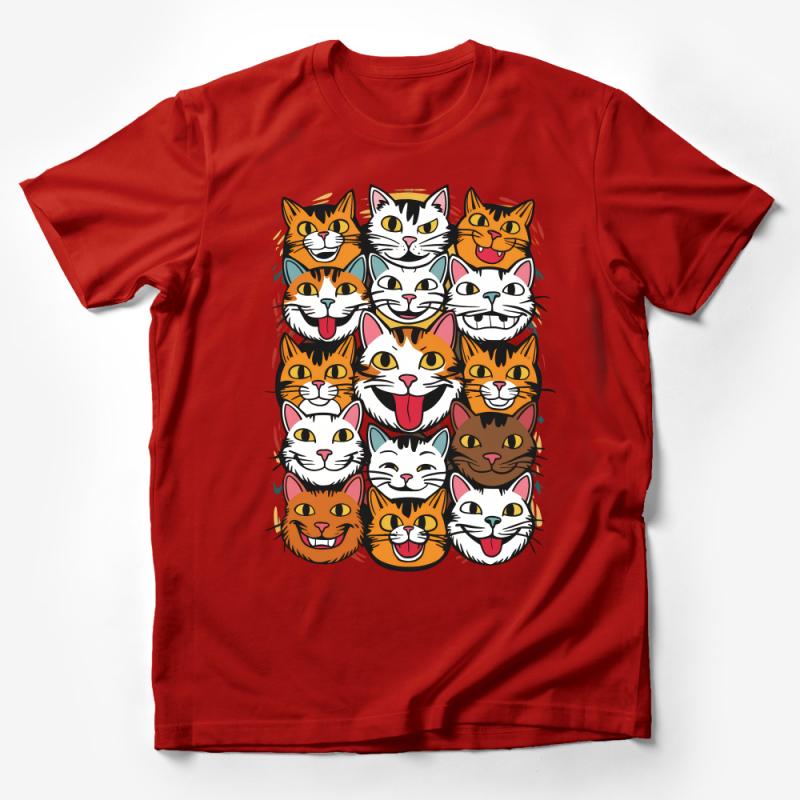 Whimsical Cat Faces T-Shirt, Cute Cat Lover Tee, Graphic Feline Print Top, Unisex Casual Shirt Male T-Shirt