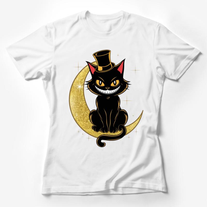 Black Cat Top Hat Crescent Moon Graphic Tee, Cute Witchy Cat T-Shirt, Whimsical Kitty Apparel, Unisex Female T-Shirt