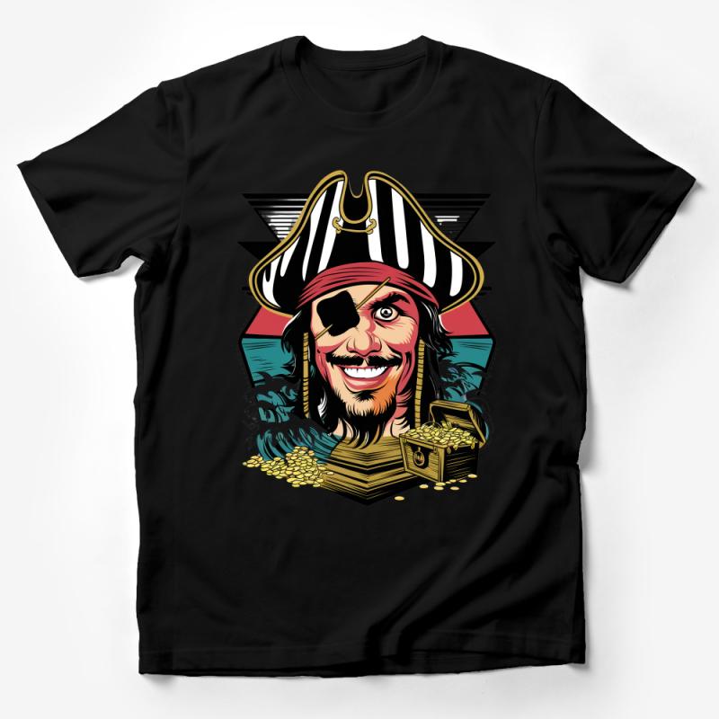 Pirate Graphic Tee, Men's Buccaneer T-Shirt, Vintage Pirate Hat, Treasure Chest, Ocean Wave Design, Unique Illustration, Casual Wear Male T-Shirt