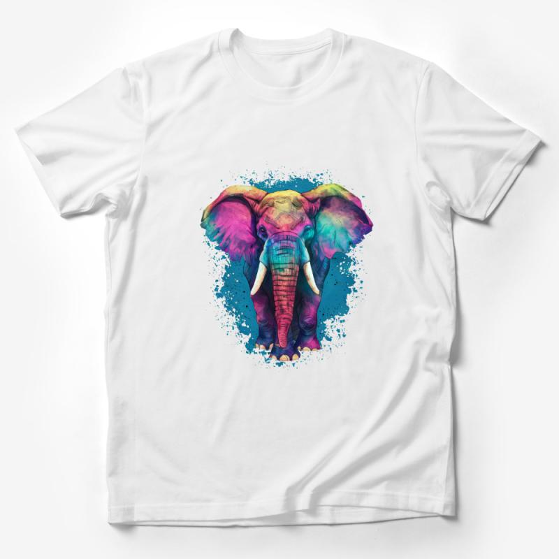 Colorful Elephant Graphic Tee, Vibrant Watercolor Animal T-Shirt, Unisex Trendy Art Shirt, Gifts for Animal Lovers, Unique Wildlife Clothing Male T-Shirt