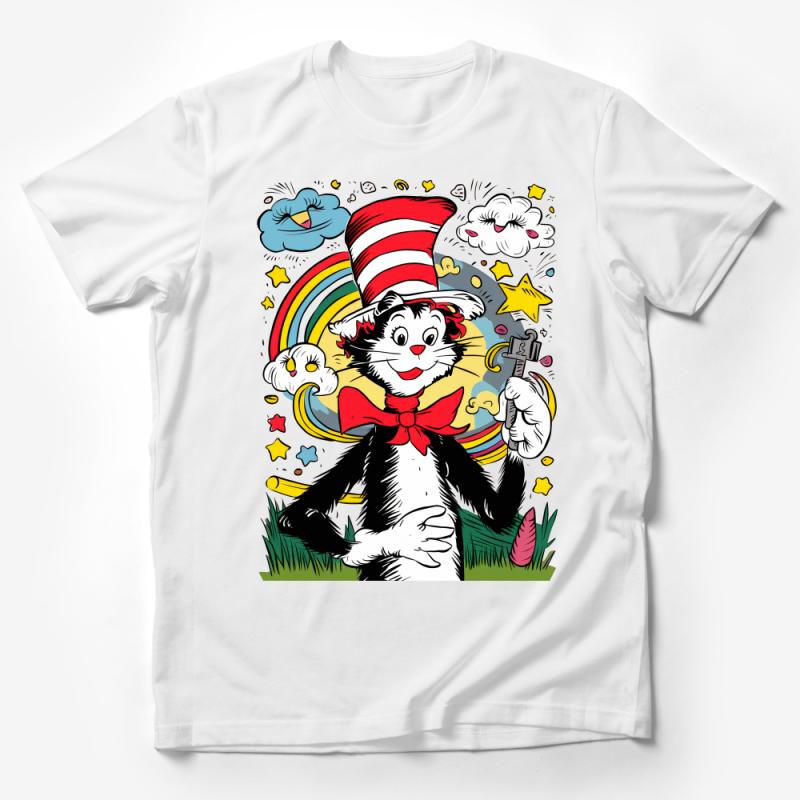 Whimsical Cat Hat Cartoon T-Shirt, Colorful Rainbow Graphic Tee, Unisex Casual Shirt for Book Lovers, Fun Apparel Gift Male T-Shirt