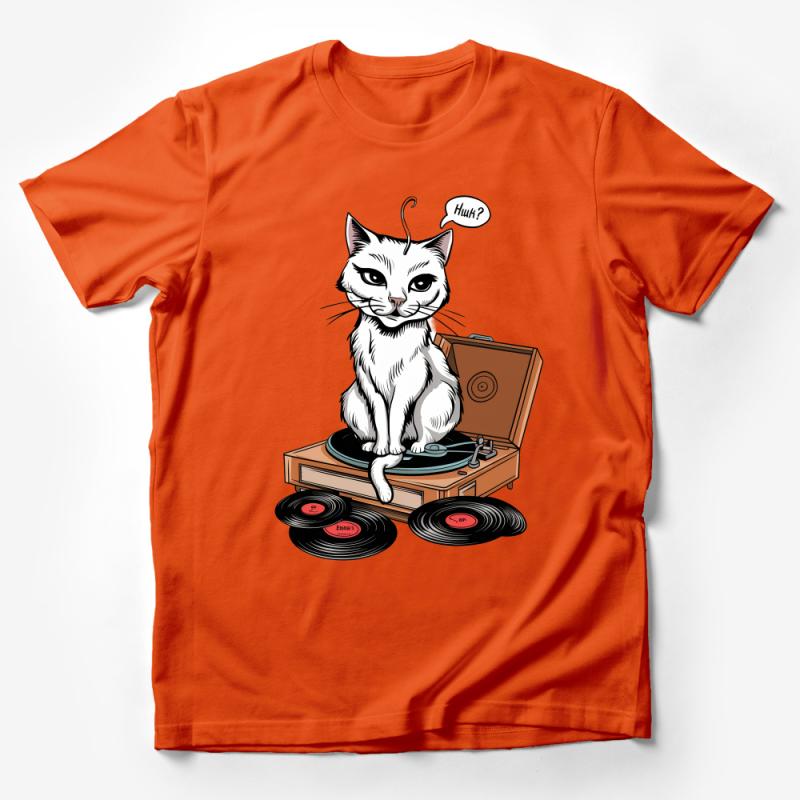 Cat DJ T-Shirt, Vinyl Record Player, Music Lover Gift, Quirky Cat Illustration, Unisex Graphic Tee, Casual Streetwear, Unique Design Top Male T-Shirt