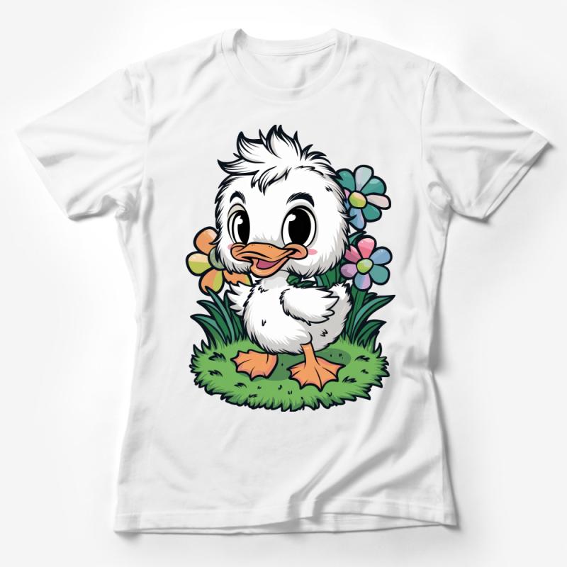 Cute Duckling with Flowers Graphic Tee, Springtime Casual Unisex T-Shirt, Adorable Duck Illustration Shirt for Nature Lovers Female T-Shirt