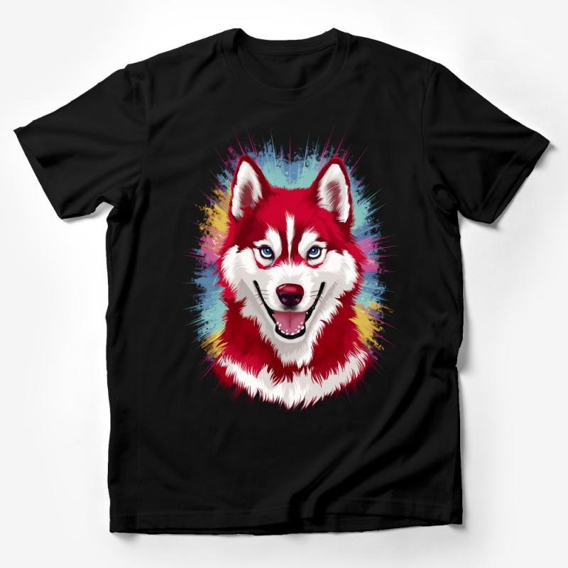 Colorful Husky Dog T-Shirt, Vibrant Animal Graphic Tee, Unisex Casual Wear, Pet Lover Gift, Artistic Siberian Husky Design Top Male T-Shirt